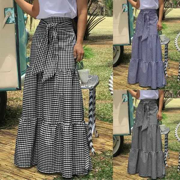 Cross-border popular ruffled hem skirt Plaid high waist lace-up pleated casual loose women's plus size long skirt