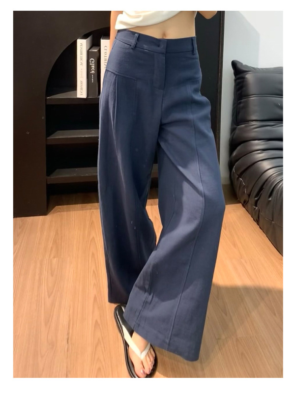 藏青色亚麻苎麻阔腿裤女秋季薄款高腰老钱风西装直筒棉麻休闲裤子|undefined