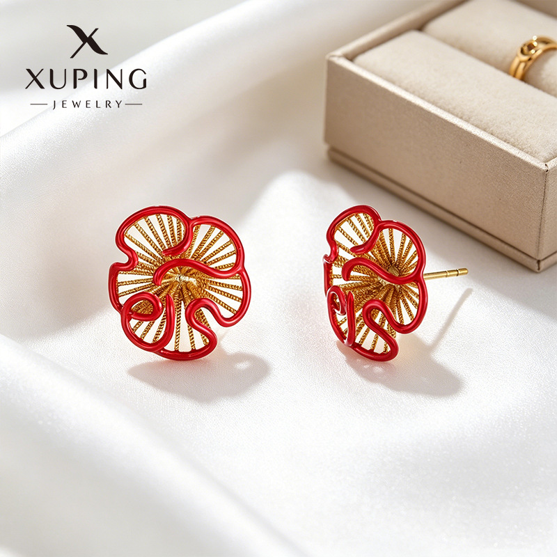Xuping serie de goteo de flores rojas crimpadas nuevas imitaciones de estilo chino oro lujoso ligero nicho auriculares al por mayor