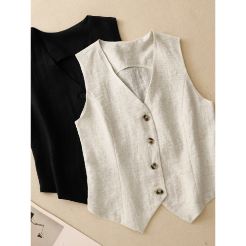 Summer outerwear vest women's pure color V-neck linen cardigan, elegant and slimming sleeveless cotton linen lapel top thin