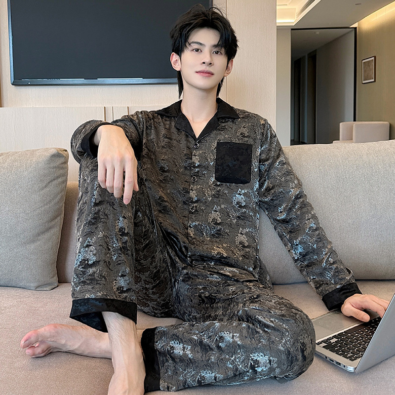2026 Autumn/Winter (satin ice silk jacquard) men's long-sleeved casual loungewear set