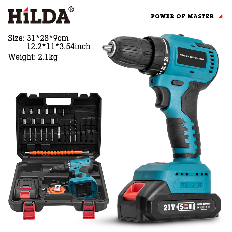 HILDA fábrica sin escobillas taladro eléctrico 21V taladro de mano de alta potencia de Litio taladro eléctrico destornillador doméstico