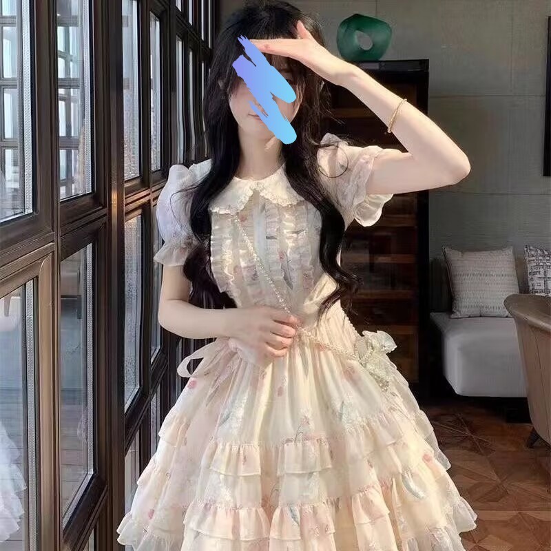 ベビードールカラー甘くて可愛い小ぶりな生花ワンピース夏中学生・高校生ロリータ花柄プリンセススカート|undefined