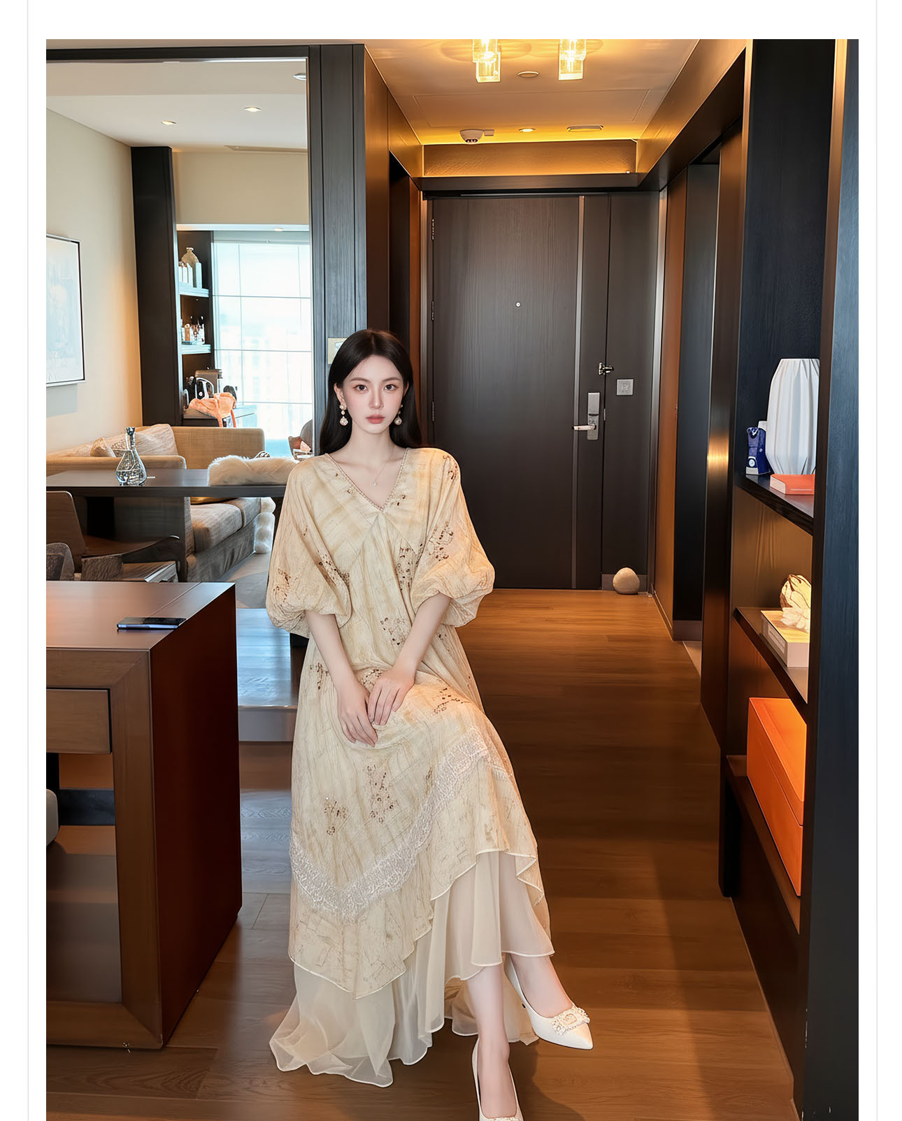 Đầm maxi nữ thắt eo phong cách Tân Trung Hoa, tay ngắn, cổ viền ren, thêu hoa tinh tế — màu trắng ngà chi tiết 4