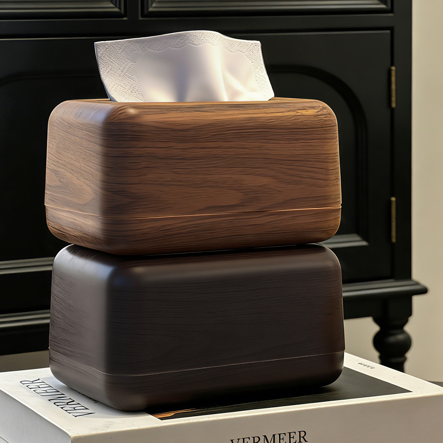 Vintage-style faux wood grain tissue box for living room, light luxury and high-end feel, home desktop tissue box storage box
