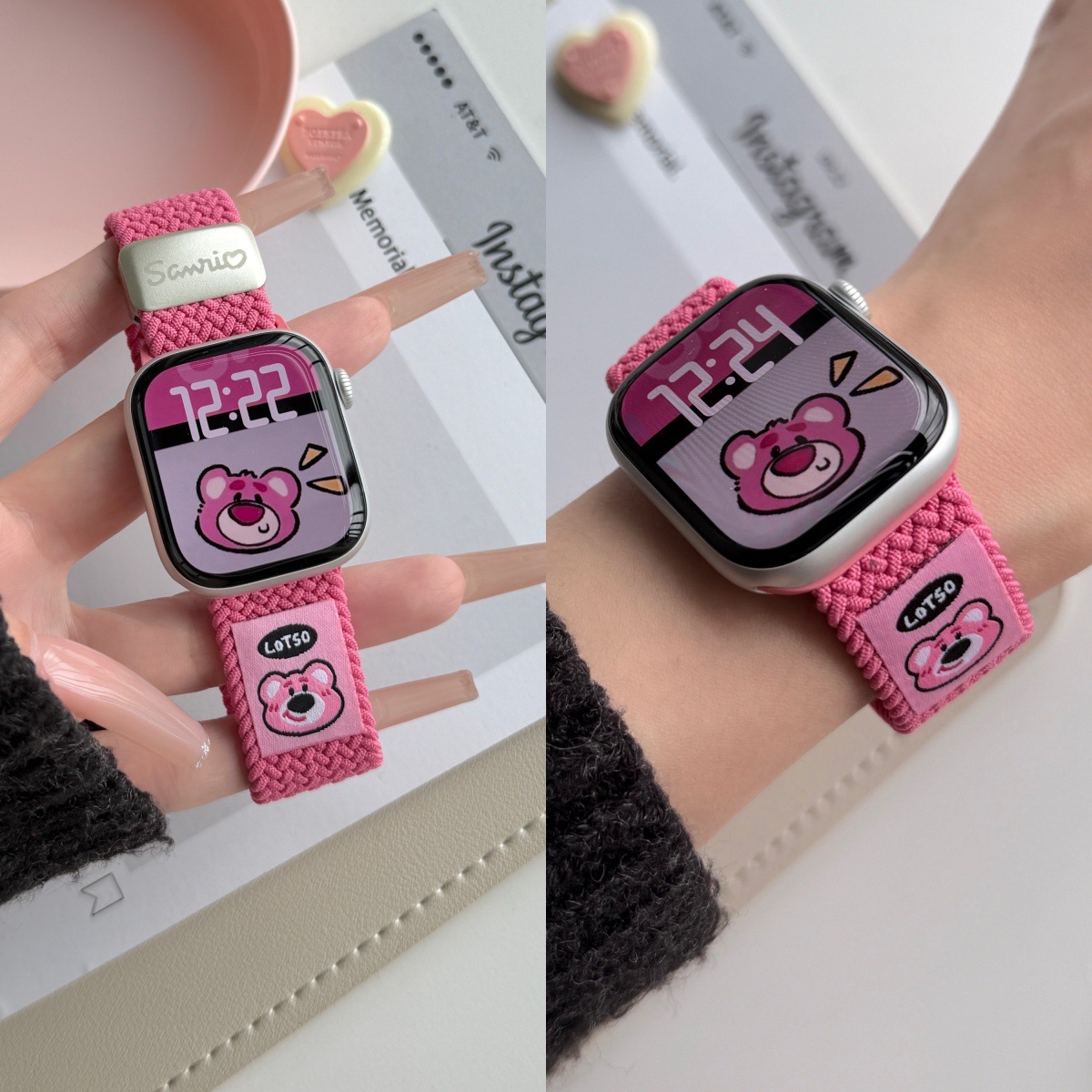 Cartoon Cute Little Bear Kitten Magnetic Nylon Strap Suitable for Applewatchs10 Apple Iwatchs9 Female