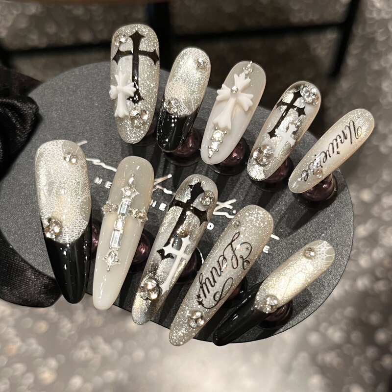 【Fallen Angel】Black and White Cross French Cat Eye Handmade Wearable Nails, Luxurious and Elegant, Wholesale Wearable Nails 【Fallen Angel】Black and White Cross French Cat Eye Handmade Wearable Nails, Luxurious and Elegant, Wholesale Wearable Nails
