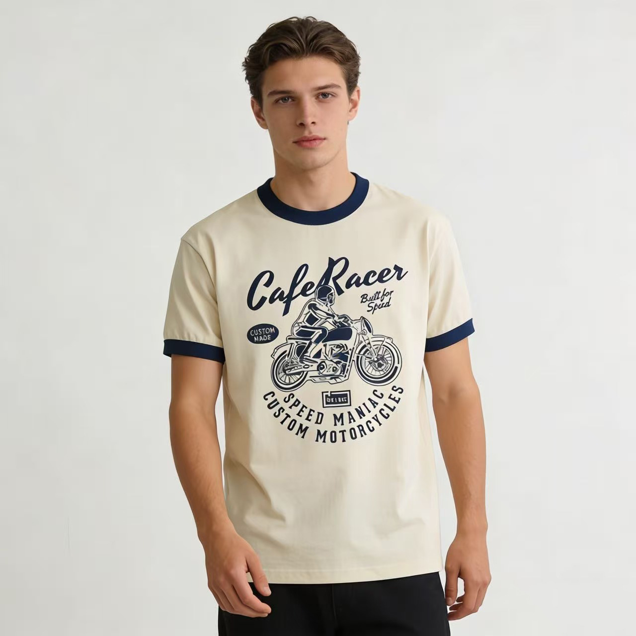 OKONKWO motocicleta impresa color matching ameikaji camiseta 200g cuello redondo color matching collar manga corta Camiseta