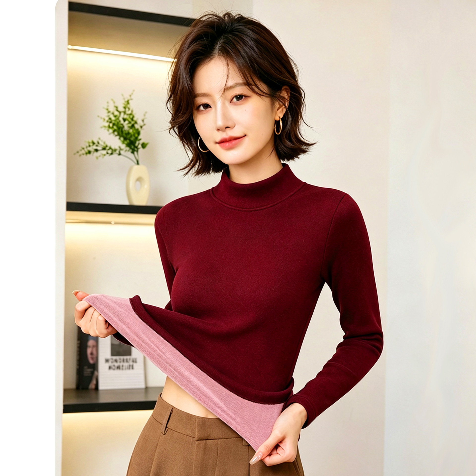 Women's thermal base layer for autumn and winter, featuring a half-high collar, slim fit, long sleeves, and a fleece-lined, thickened design
