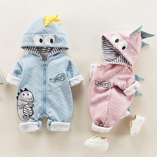 Baby Bodysuit Spring Collection 2024 New Gender-Unisex Cartoon Dinosaur Newborn Baby Fleece Warm Outerwear