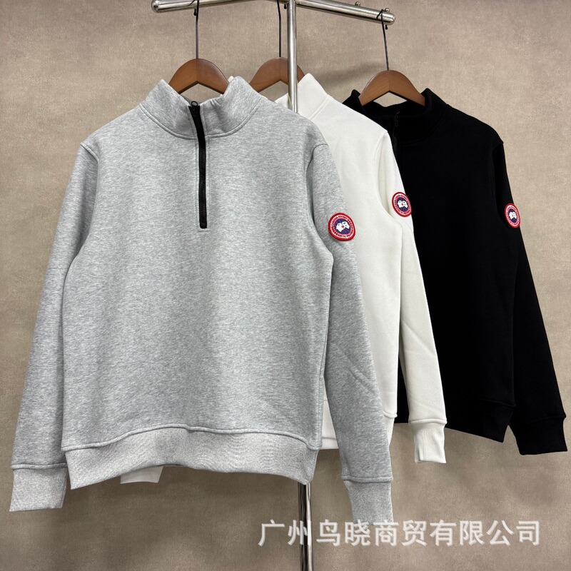 Cross-border autumn and winter goose down half-zip solid color badge fleece sweatshirt, European and American trendy pullover long-sleeve unisex sweatshirt