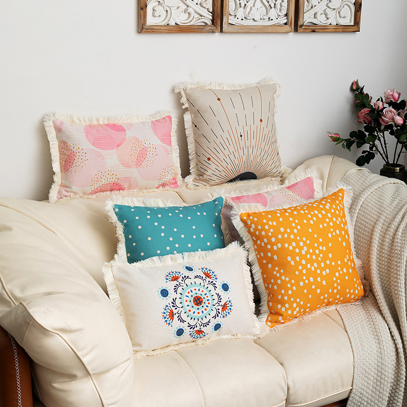European and American style cotton and linen printing around tassel decorative sofa cushion cover home decoration model room tassel pillow_voghion.com