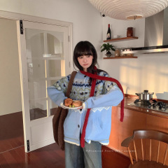 蓝色加厚复古费尔岛针织开衫毛衣外套女圆领宽松糯慵懒风