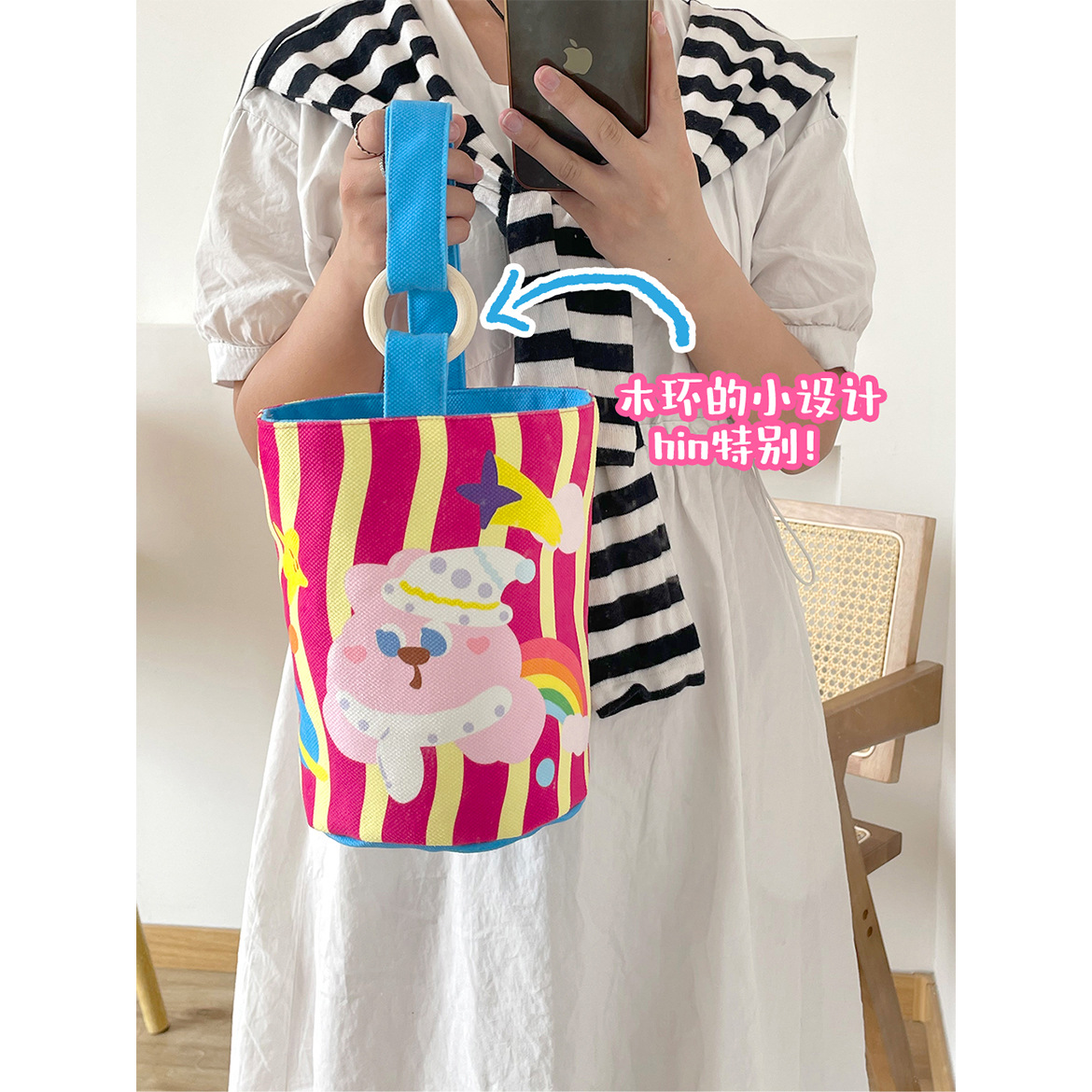 Lindo color de contraste de dibujos animados cubo bolsa de almuerzo portátil bolsa de trabajo lonchera bolsa portátil momia bolsa de mano que lleva bolsa de lona para las mujeres