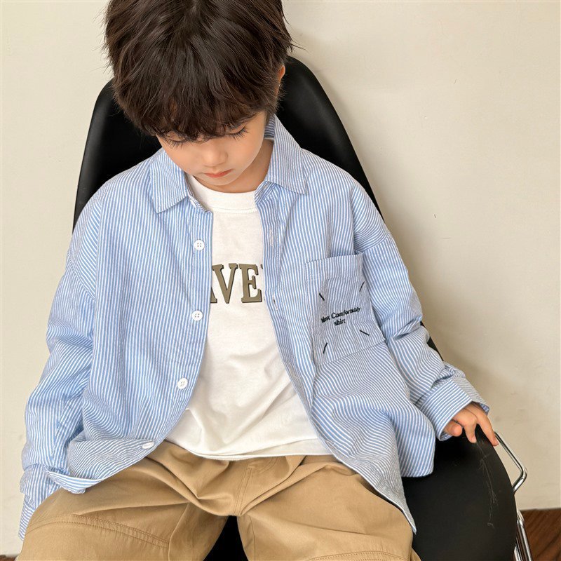 Boys Haima's casa 2025 primavera y otoño nuevo estilo coreano ropa para niños camisa de manga larga ropa de otoño de algodón puro para niños tendencia de rayas