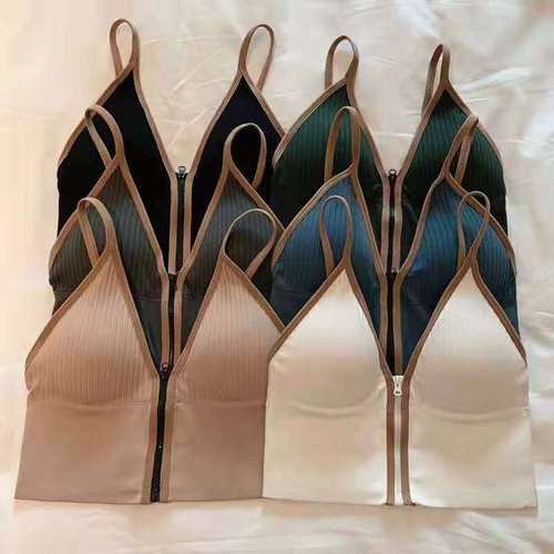 New deep V zipper sports camisole women's front zipper V-neck Korean style simple style knitted beautiful back and chest wrap for women