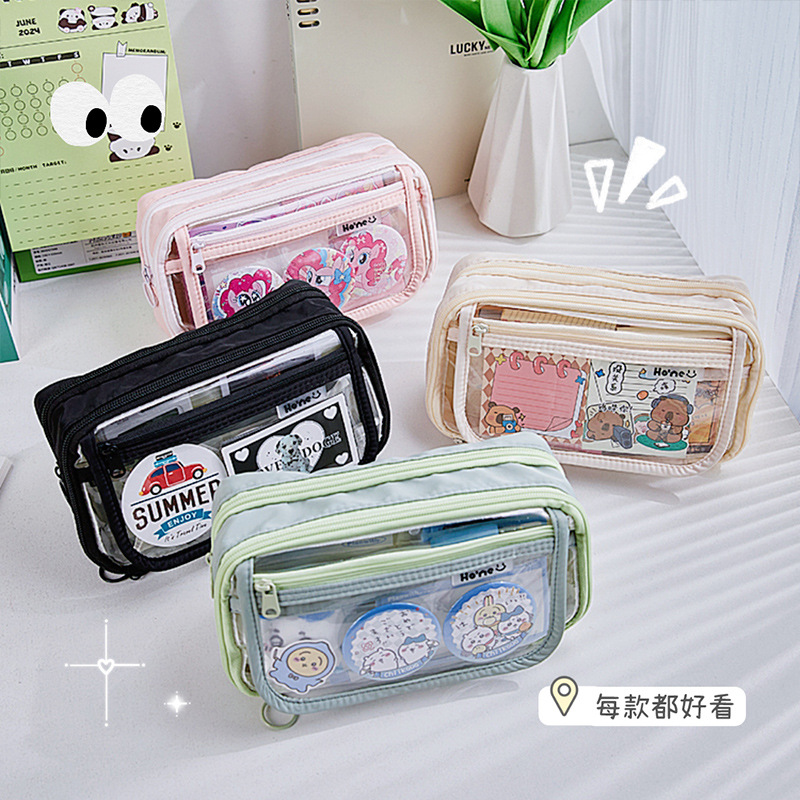 Estuche para lápices con bolsa de dolor transparente multicapa de gran capacidad, caja de papelería para estudiantes de alto valor, linda chica, bolsa de papelería de almacenamiento
