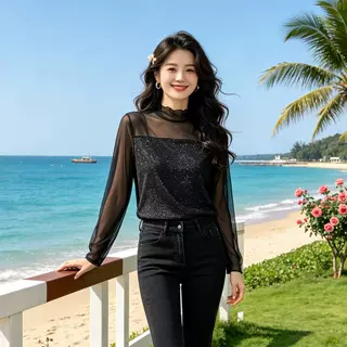 黑色细闪亮丝网纱打底衫女木耳边半高领长袖T单穿叠穿都好看上衣
