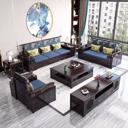 New Chinese style solid wood sofa combination living room furniture complete set of small and medium-sized apartment simple winter and summer dual-use sofa removable and washable