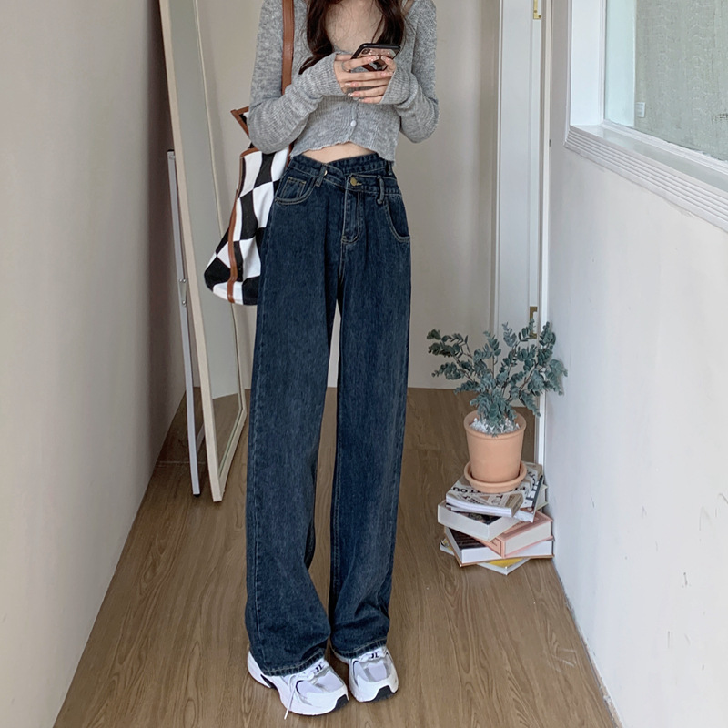 Real Shot of Irregular Cross-Waist Jeans for Women, Slim, Loose and Versatile Straight Wide-Leg Trousers for Spring and Summer 2025