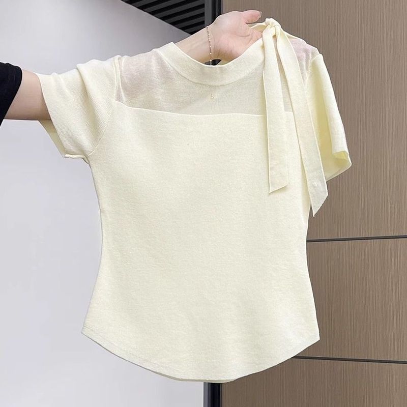 A Tall Style Top Unique and Super Beautiful Design Sense Niche creamy-white Bow Tie Short-sleeved T-shirt Women