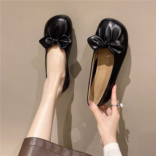 2025 Summer New Butterfly Knot Flat Sole Round Head Low Mouth Bean Bean Shoes Soft Sole Soft Face Women's Shoes Wholesale