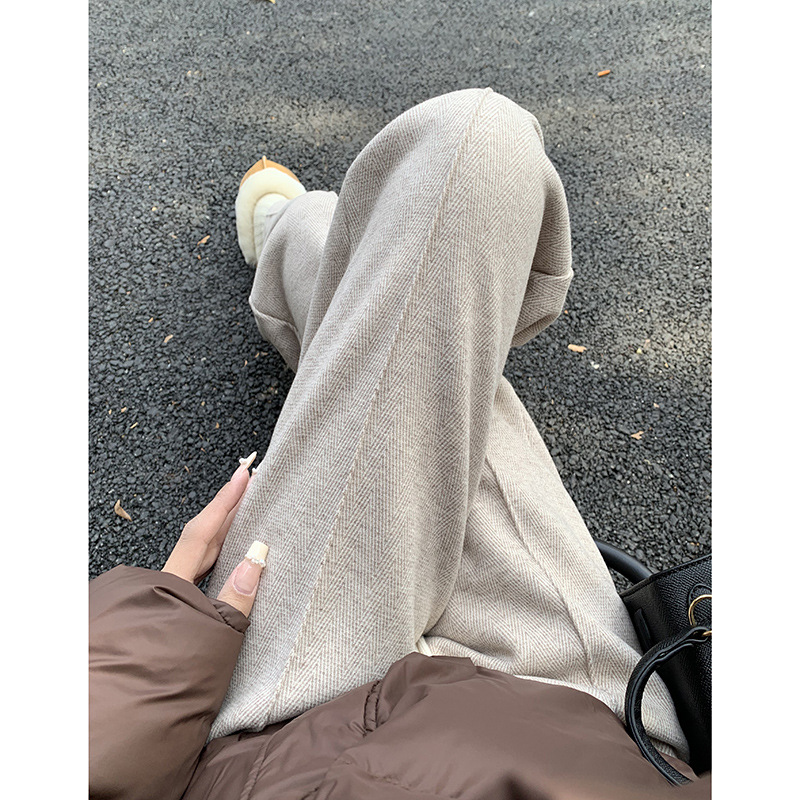 Women's High-Waisted Wool Trousers With Fleece Lining - Straight Leg Herringbone Wide-Leg Pants For Winter (Beige, Charcoal)_voghion.com