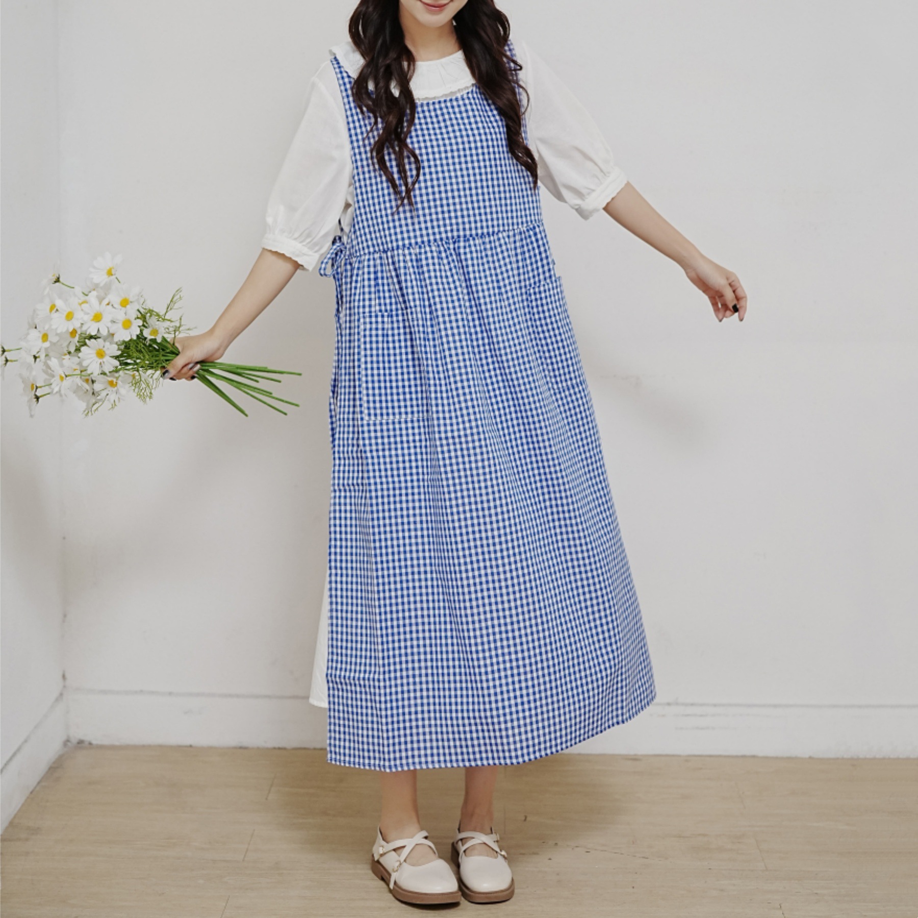 Delantal de algodón a cuadros estilo coreano, bata vintage fresca con estampado floral para mujer, venta al por mayor._voghion.com