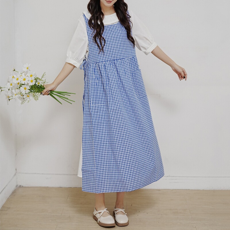 New Korean version of cotton plaid apron foreign trade cross-border floral small fresh retro blouse ladies blouse wholesale