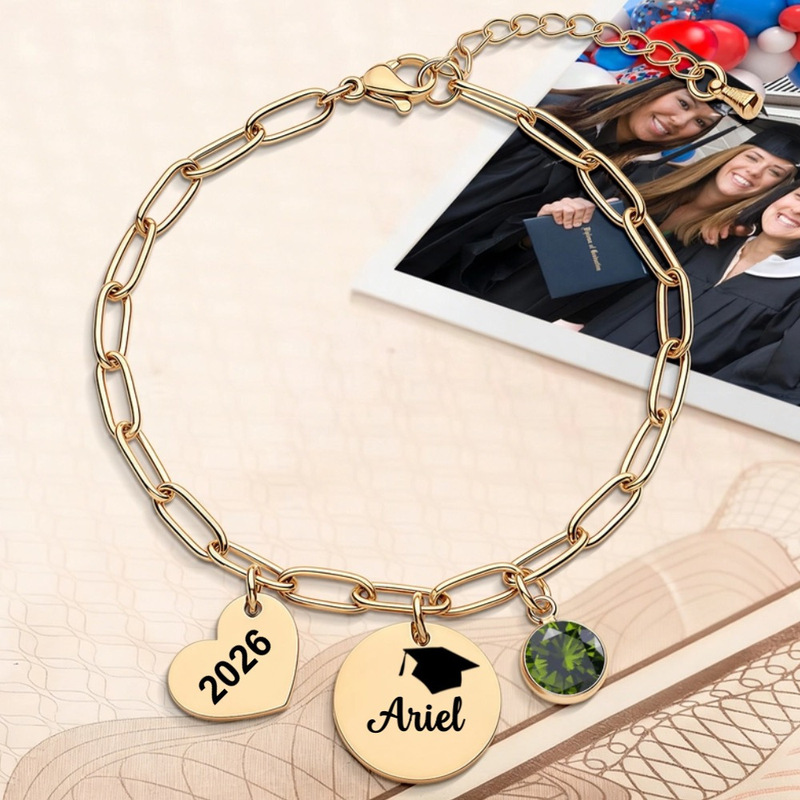 Stainless steel bracelet for graduation season, paperclip chain, heart-shaped engraving, graduation cap bracelet, birthstone stainless steel bracelet Stainless steel bracelet for graduation season, paperclip chain, heart-shaped engraving, graduation cap bracelet, birthstone stainless steel bracelet