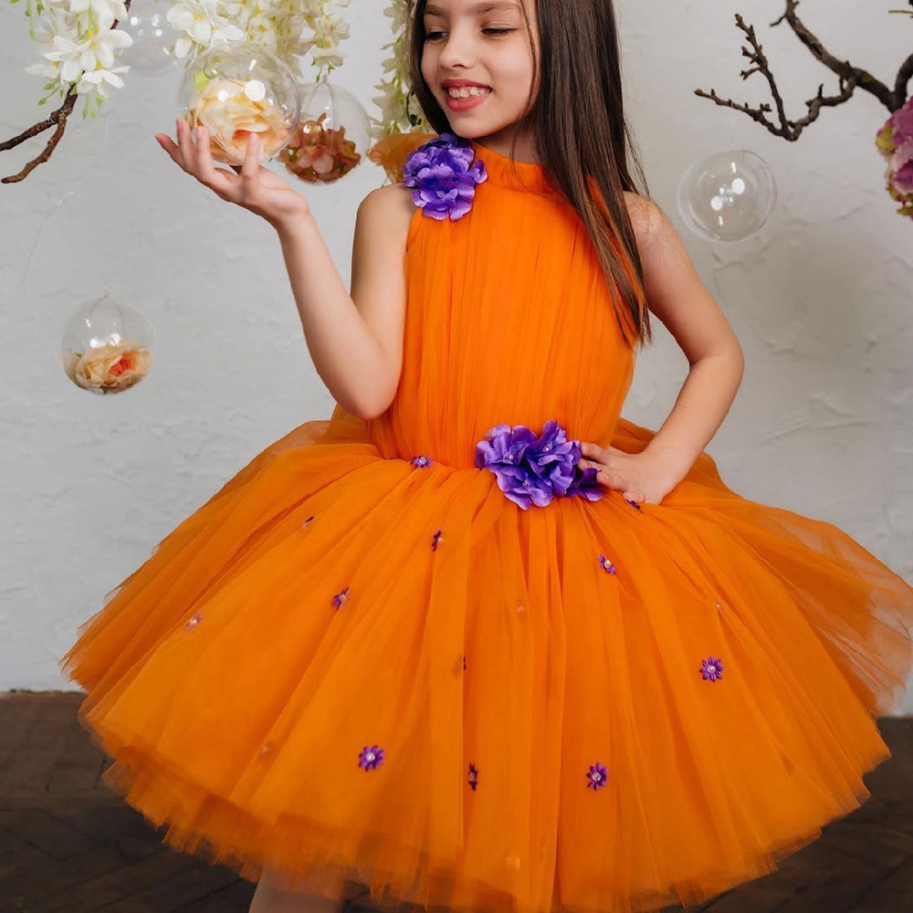 오렌지  생일 공주 원피스 2025 새로운 대외 무역 민소매 목 귀여운 꽃 소녀 공연 어린이 원피스