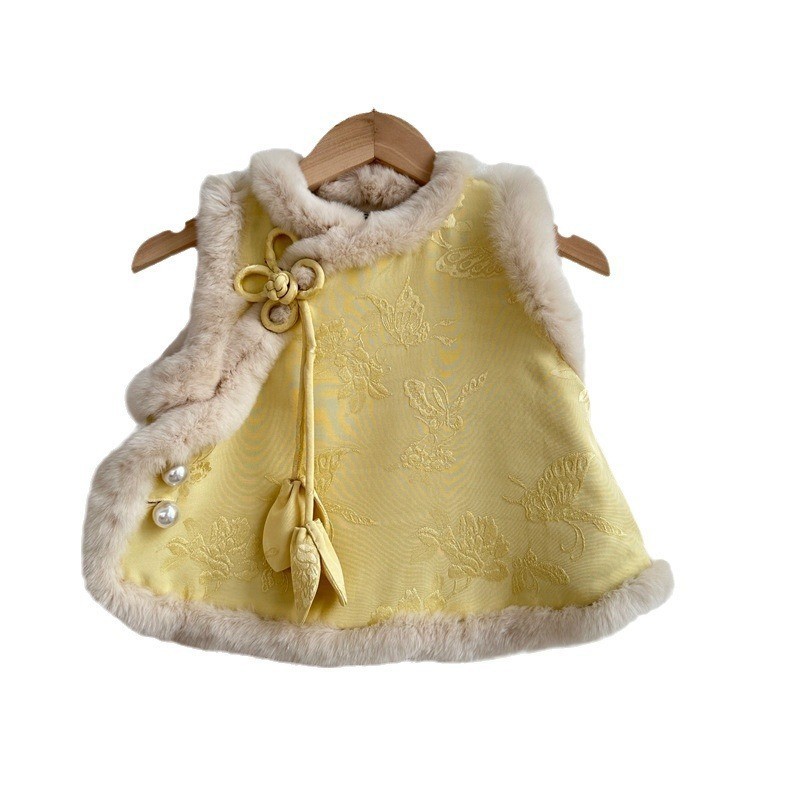Salty Lime siete chicas de invierno Chaleco de estilo chino con forro polar para niñas Ropa de felicitación de Año Nuevo de estilo chino jacquard bordado Chaleco de traje Tang