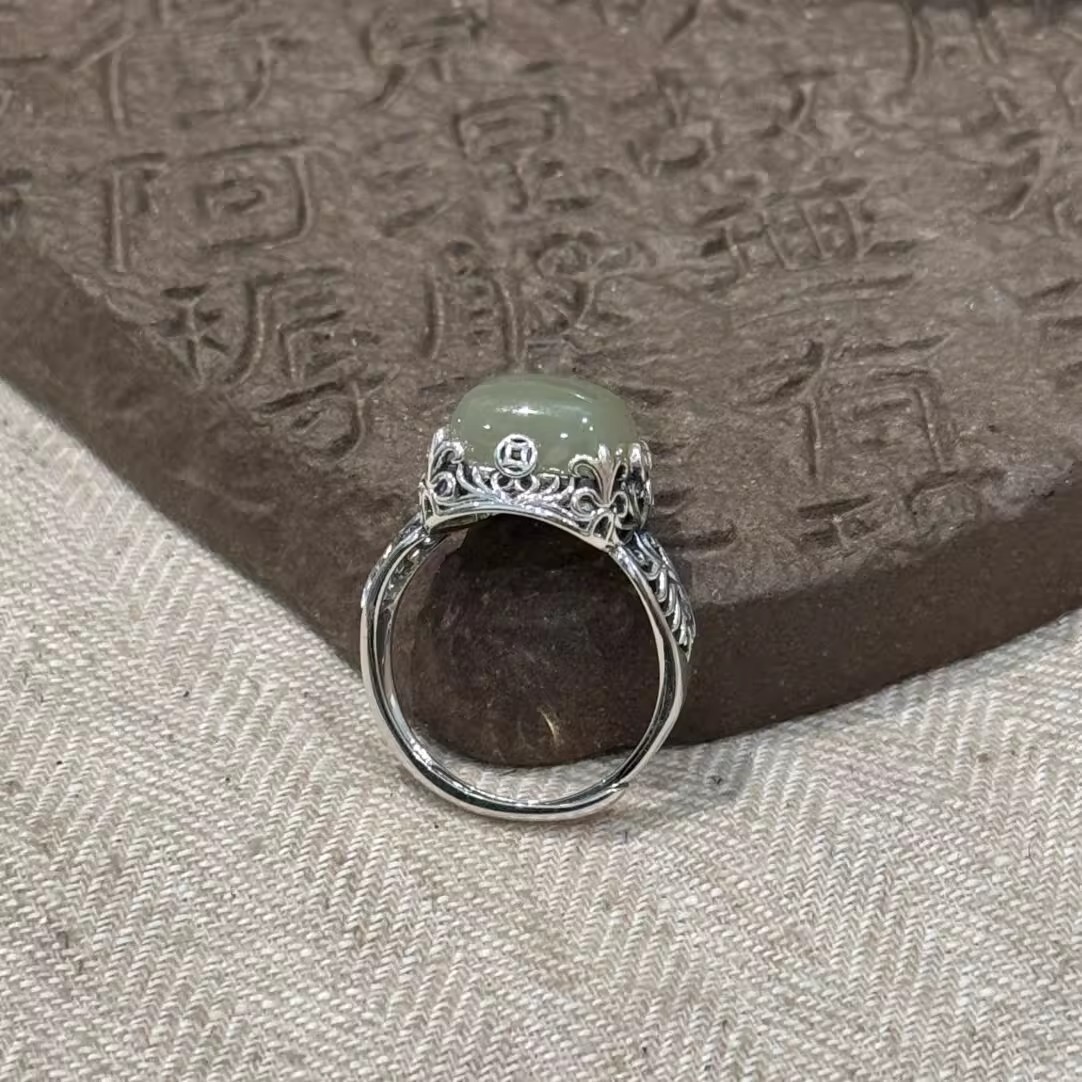 Vintage Chinese Style Hetian Jade Copper Coin Ring Adjustable_voghion.com