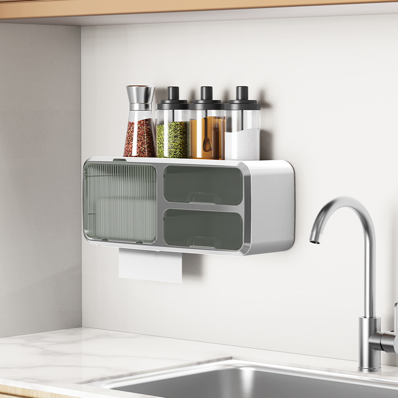 Kitchen wall-mounted multi-functional hook-free storage rack for household towels and paper towels, cabinet seasoning and food storage box