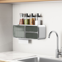 Kitchen wall-mounted multi-functional hook-free storage rack for household towels and paper towels, cabinet seasoning and food storage box