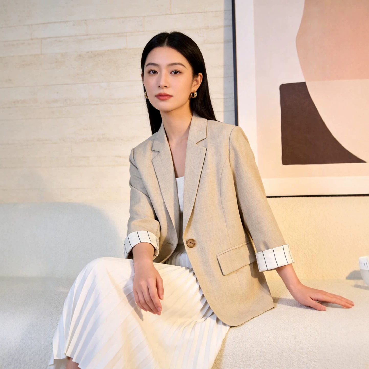 2026 Summer Beige Three-Quarter Sleeve Suit Jacket for Women, Single Button, Unique Design, Striped Patchwork Suit, Commuter Style