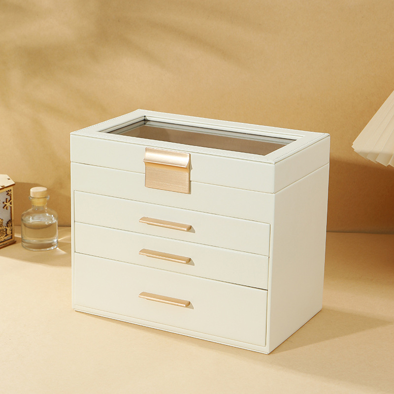 Cross-border PU window four-layer jewelry storage box necklace earrings earrings exquisite jewelry box gold drawer jewelry box