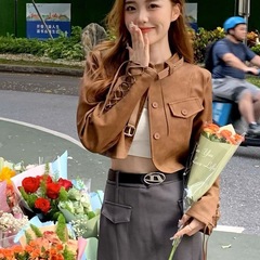 棕色机车皮衣外套女春秋新款复古小个子ins港风短款pu皮夹克上衣