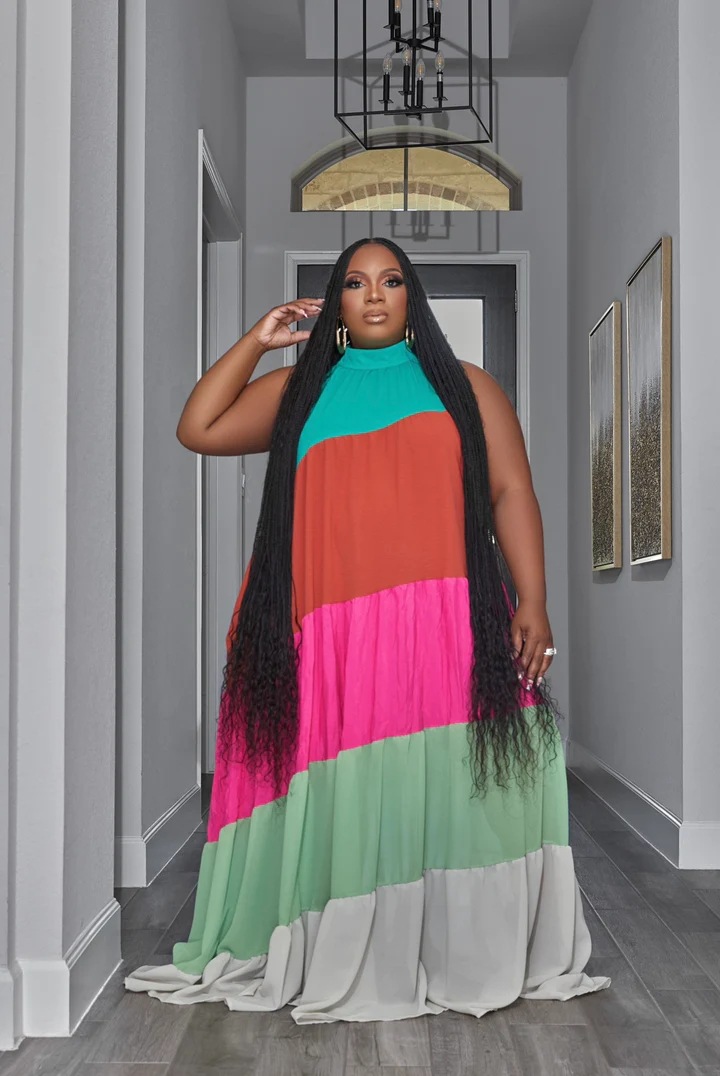 Women's plus-size splicing color contrast long swing dress_voghion.com