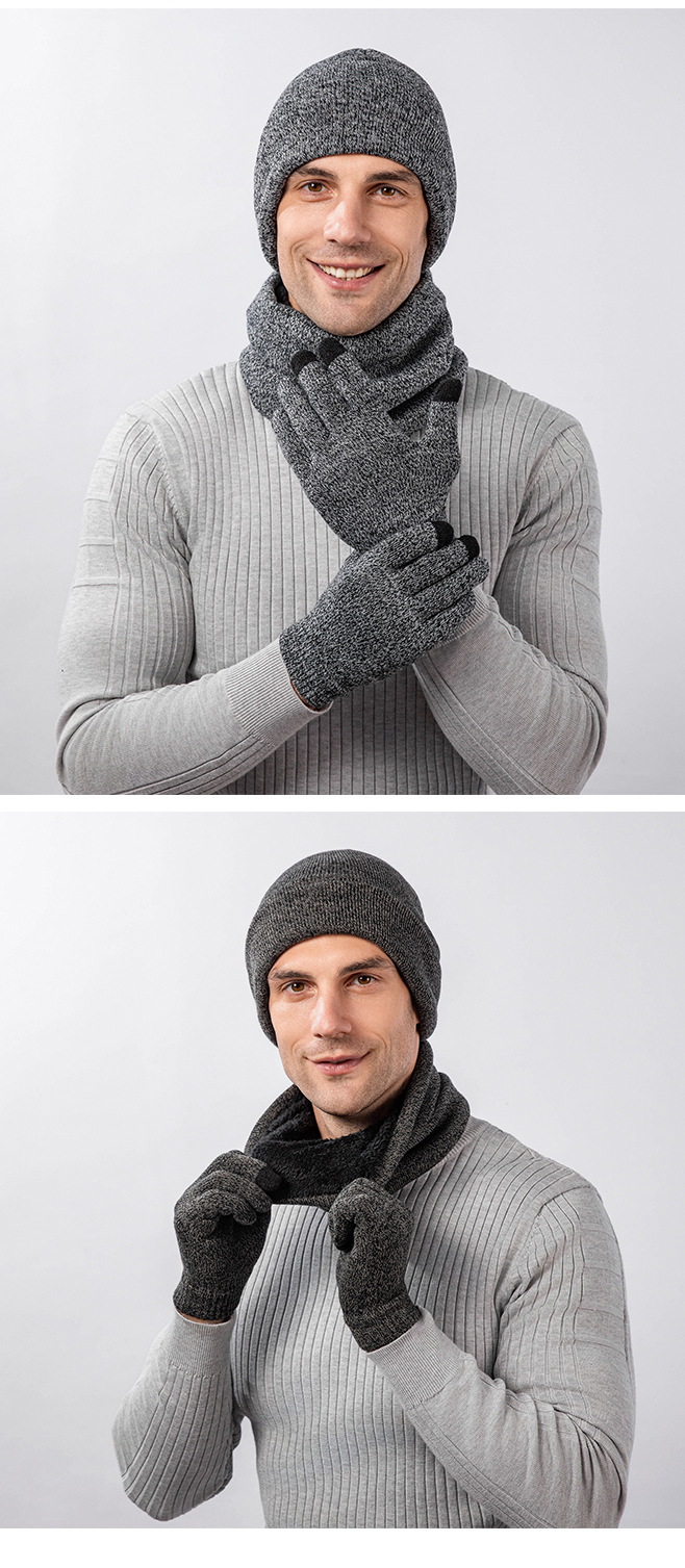 Nuovo cappello invernale in velluto lavorato a maglia, sciarpa, set di guanti touch screen, essenziale per tenersi al caldo quando nevica, cappello di lana, copricollo spesso per uomo_voghion.com