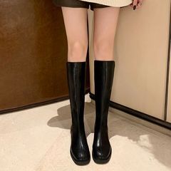 葡萄媽韓版靴子拼接設計方頭粗跟高筒不過膝瘦瘦靴騎士靴女秋冬