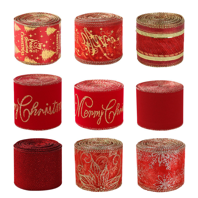 Cinta de Navidad hecha a mano, cinta decorativa flocada, punto de oro de Navidad, bowknot, suministros de ambiente, embalaje de regalo al por mayor