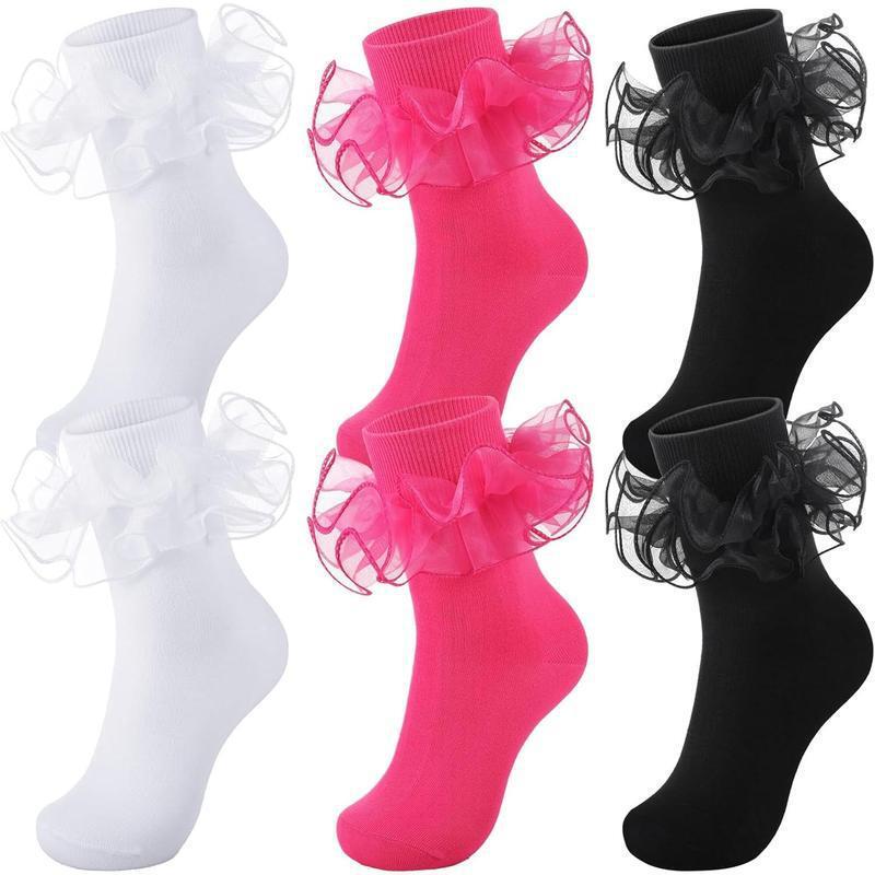 Cross-Border Hot-Selling Export Model Dropshipping Socks Three Pairs of Women's Large Ruffle Socks with Double Lace Ankle Socks