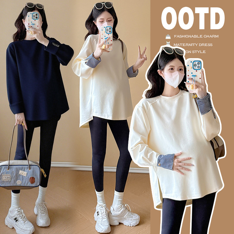 Maternity wear for autumn, loose-fitting new fashion round-neck top, Korean style versatile casual irregular hem sweatshirt for women
