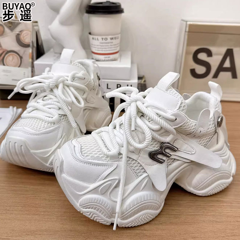 Genuine Leather Dad Shoes for Women, Thick-Soled, Height-Increasing, Comfortable for Petite Individuals, Breathable Mesh Casual Sports Shoes for Women