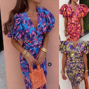 2025 new cross-border European and American Amazon printed V-neck tight hip waist bubble short sleeve women's dress