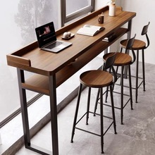 阳台家用吧台桌双层实木挡板靠窗靠墙窄桌长条高低脚长桌子高脚桌