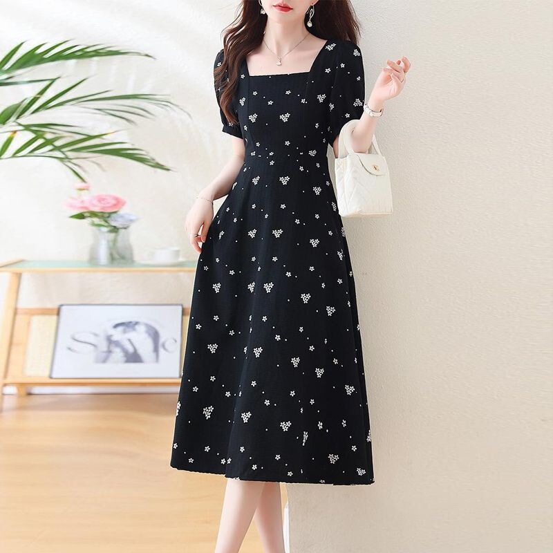 Black Floral Chiffon Dress 2026 Summer New Hepburn Square Collar Fashion Waist-Cinching Slimming Age-Reducing A-Line Dress