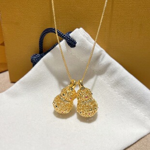 18K Gold Wax Electroplated Hollow Colored Gemstone Gourd Pendant Au750 Gold Necklace Ornament Fortune and Prosperity Gourd New Chinese Style