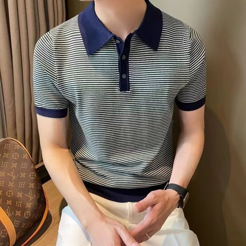 Verano hombre camiseta de punto de manga corta polo camiseta de collar rayas camiseta de comercio exterior al por mayor transfronterizo casual versátil